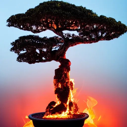 a burning bonsai in a lava filled landscape at sunrise Stable