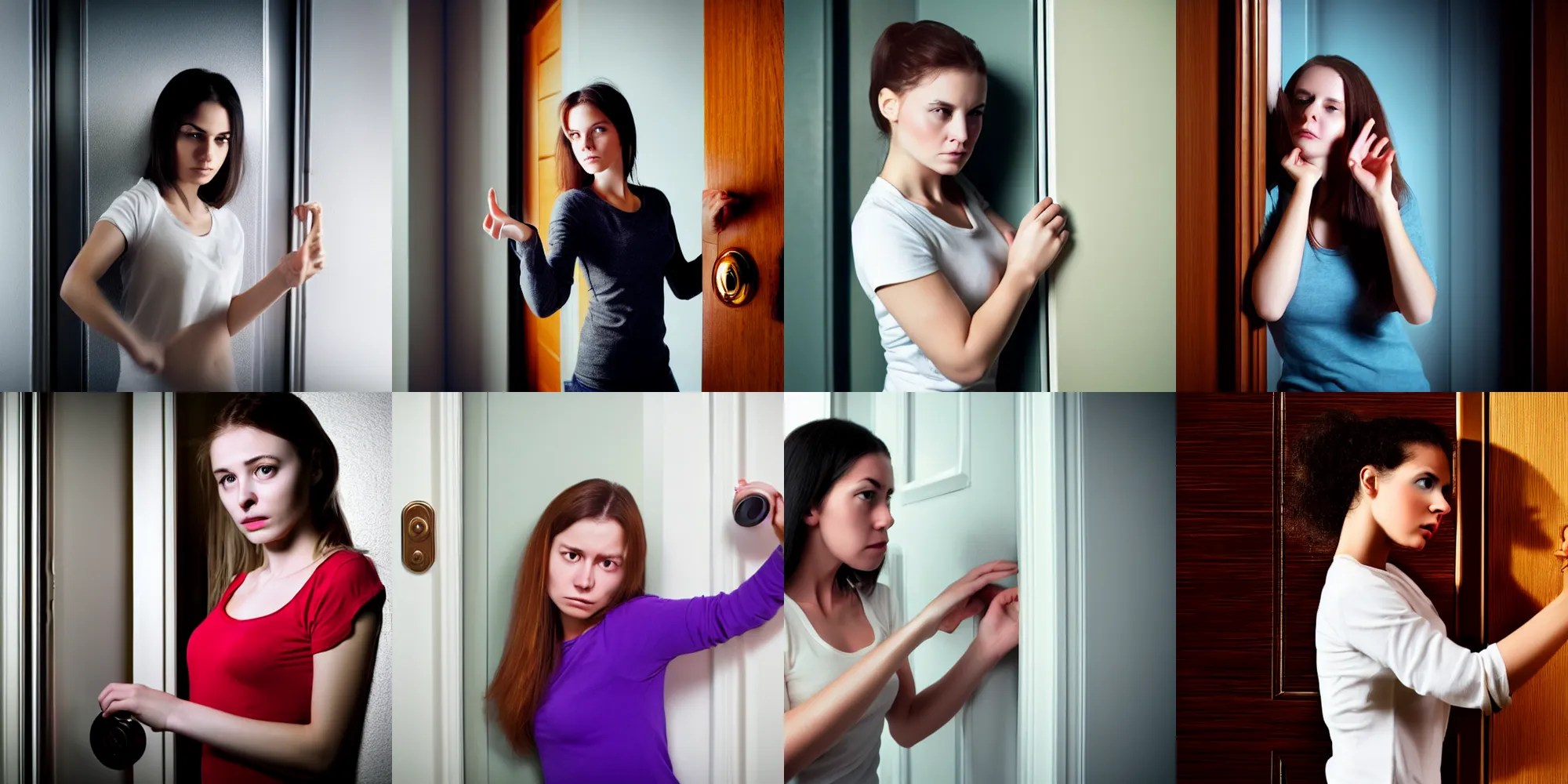 young woman holding on to a doorknob, leaving a room, Stable