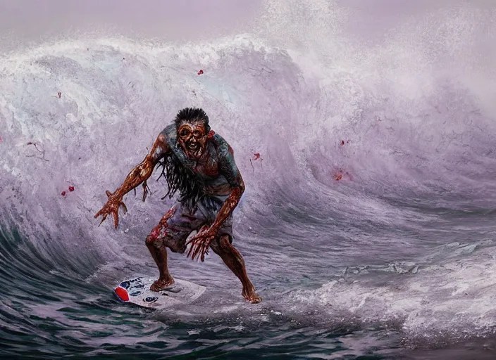 a painting of a hawaiian zombie surfing a big wave, Stable Diffusion