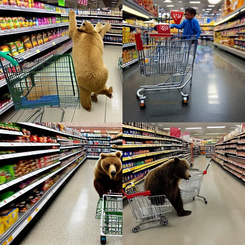 A brown bear pushes a shopping cart in a grocery store Stable