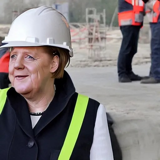 angela merkel at construction site, wearing hardhat, Stable Diffusion