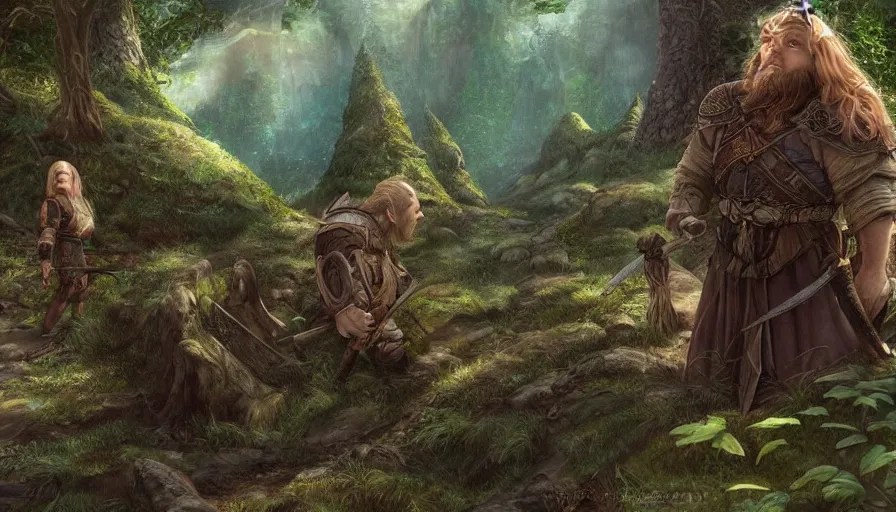 the dwarf gimli and the elf legolas in lothlorien, Stable Diffusion