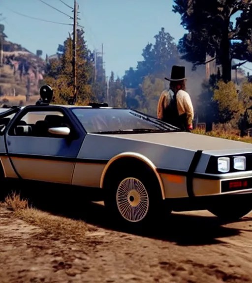 bttf delorean in rdr2, full show, entire car in view, Stable Diffusion