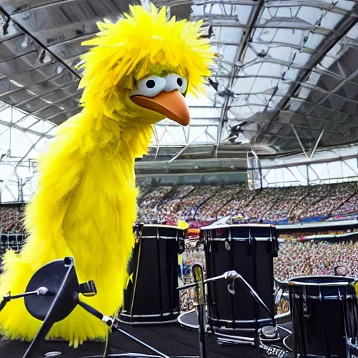 big bird playing the drums centre stage at Wembley Stable Diffusion