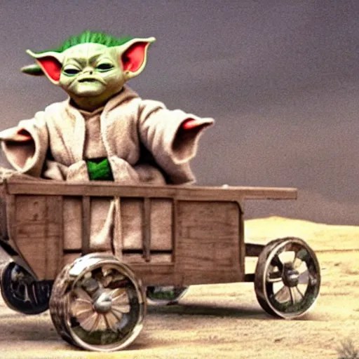 a film still of baby yoda's kid riding a wagon to get Stable