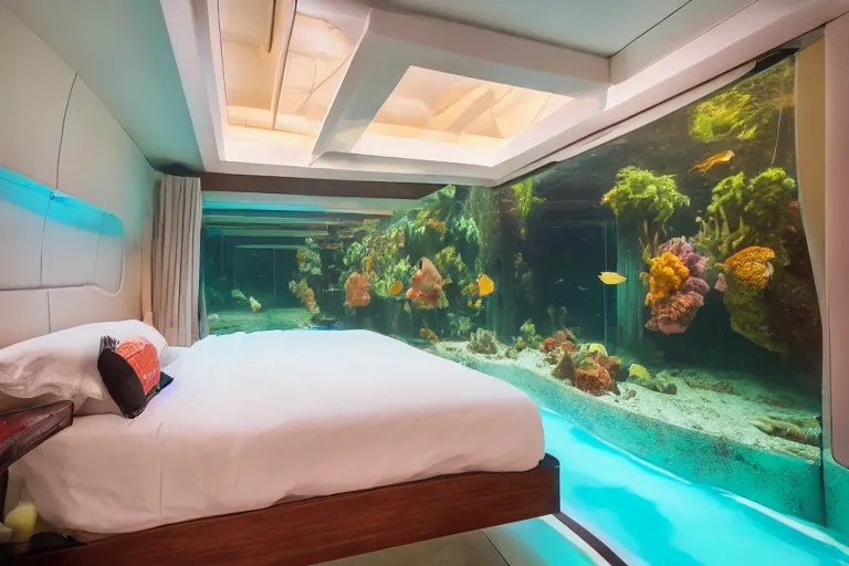 an underwater hotel room from the future, the bed is a Stable Diffusion