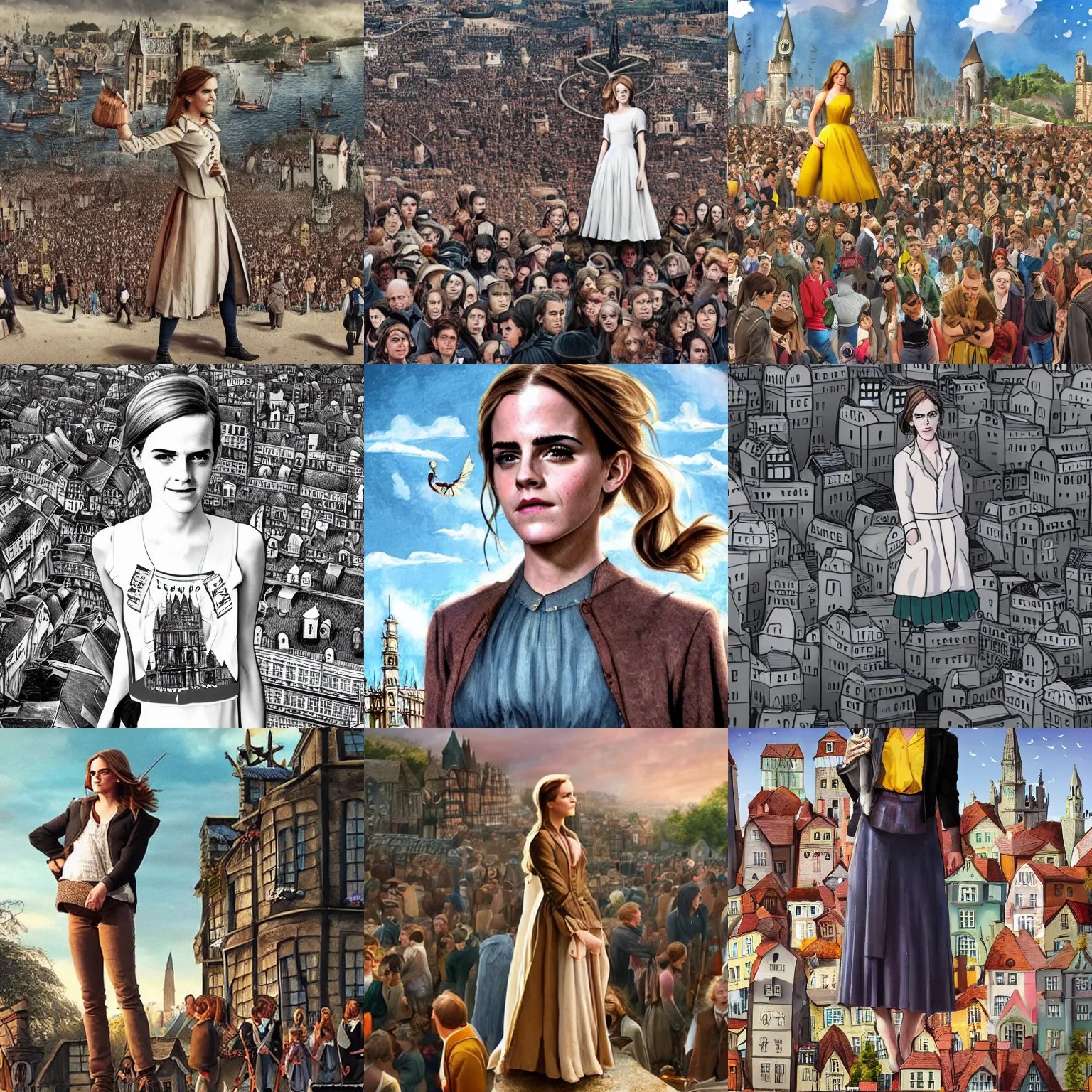 Giant Emma Watson stands next to a town, surrounded by Stable