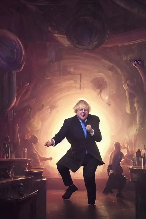 boris johnson dancing in a anatomy, bathed Stable