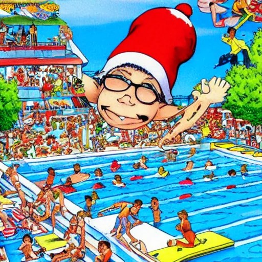 where's waldo book page highly detailed, swimming pool Stable