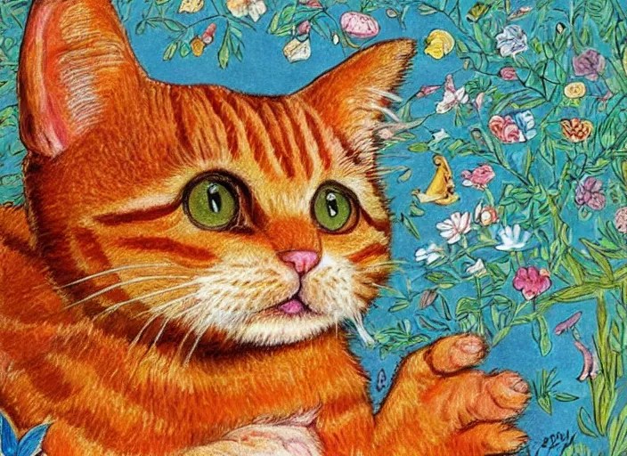 a small ginger tabby cat by dr. seuss and louis wain Stable Diffusion