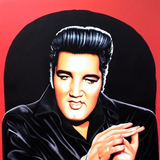 black velvet painting of Elvis Presley in a jumpsuit Stable Diffusion