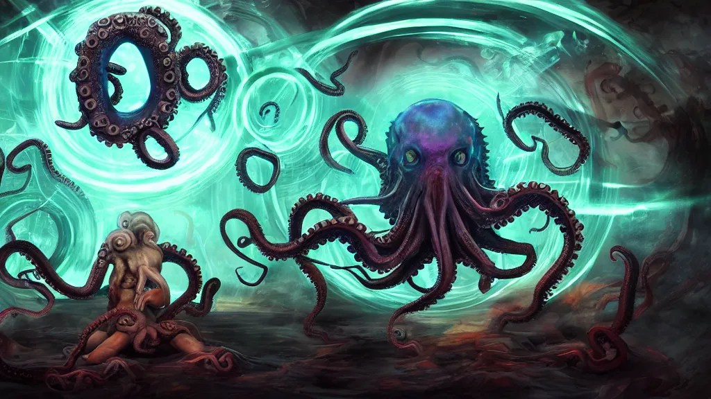 mages in circle summoning an evil octopus beast. Stable Diffusion