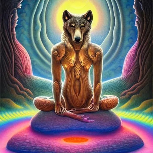 an anthromorphic wolf meditating in a zen garden with Stable Diffusion