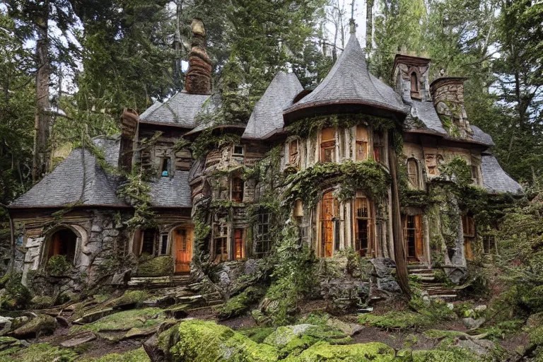 photograph of a fantasy style woodland mansion in an Stable Diffusion