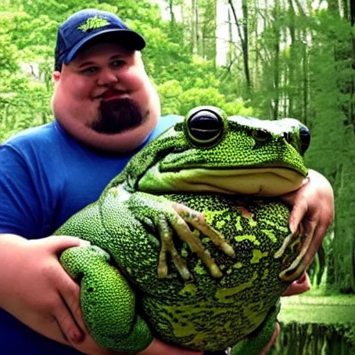 fat man holding worlds largest fat frog which is Stable Diffusion