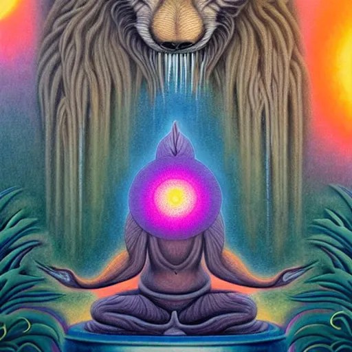 an anthromorphic wolf meditating in a zen garden with Stable Diffusion