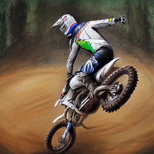 motocross rider on dirt jump, painting by jerome bosch Stable