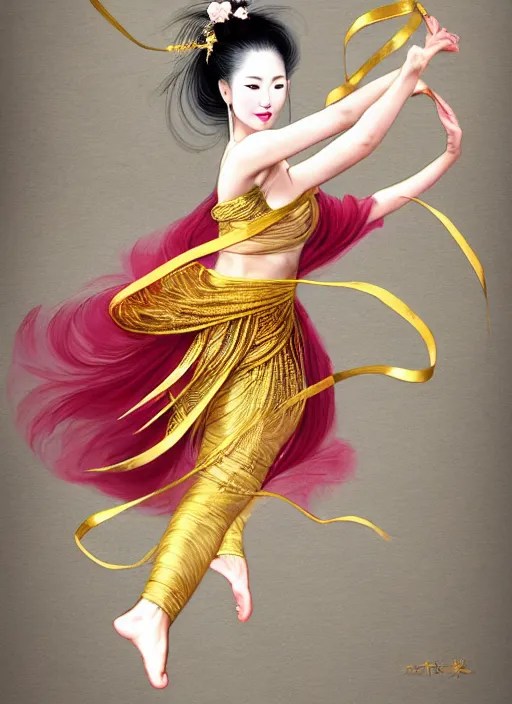 full body portrait of a dancer throwing silk belts, Stable Diffusion