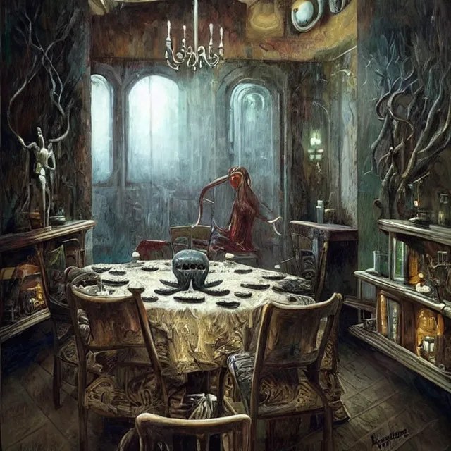 a serene and tranquil dining room, haunted house, Stable Diffusion
