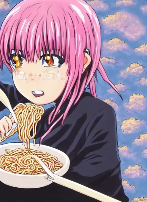 anime girl with pink hair eating ramen noodles, black Stable Diffusion OpenArt