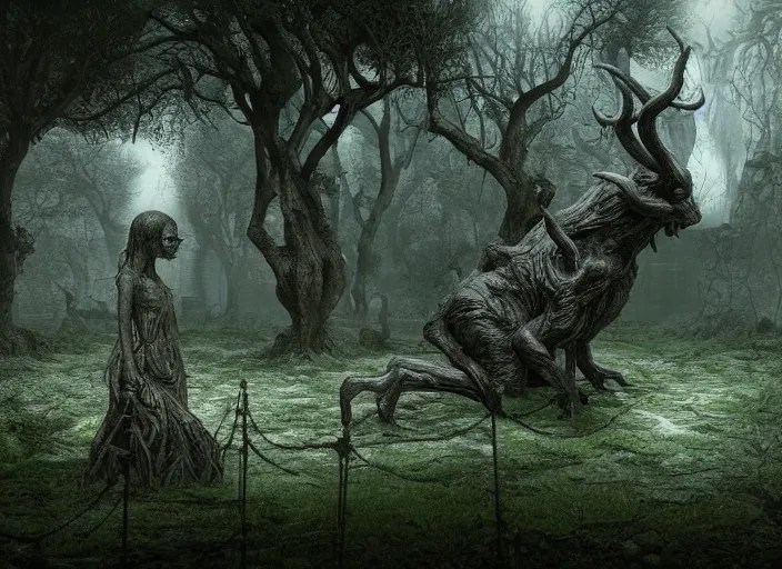 secret dark garden, pathway, monster statues, in the Stable Diffusion