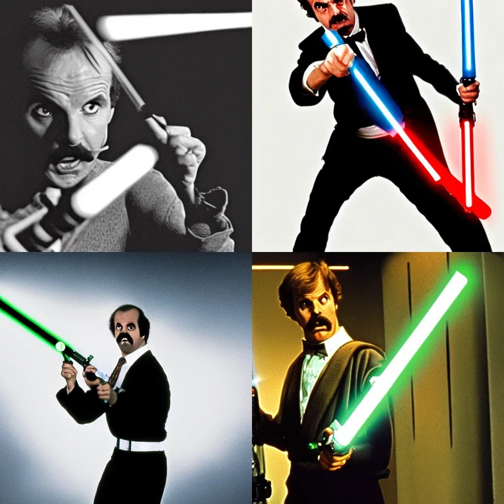 basil fawlty having a lightsaber dual with luke Stable Diffusion