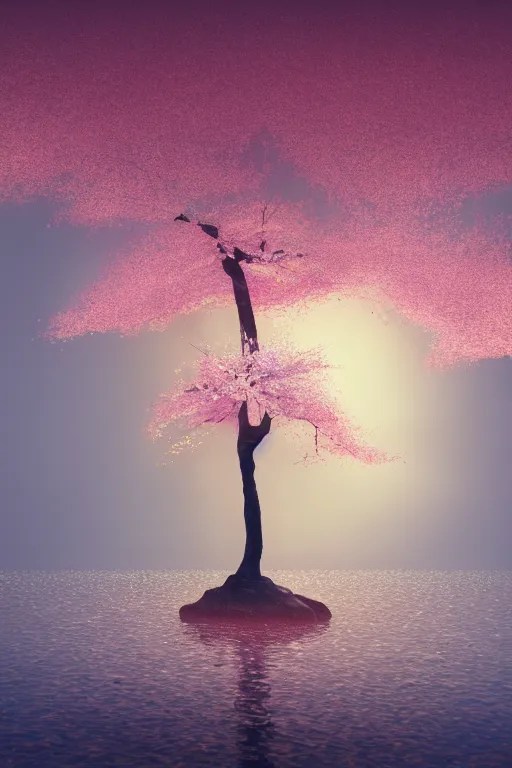 a single alone sakura tree growing upon an island in a Stable