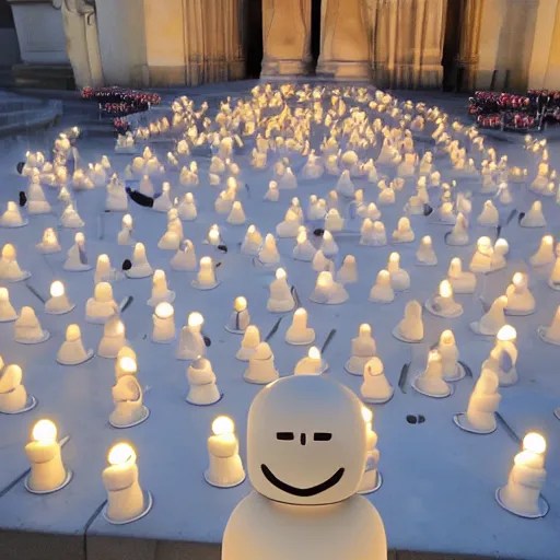 a white marble statue of reddit snoo surrounded by lit Stable