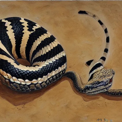 a rattlesnake devours a zebra upside down, oil painting Stable