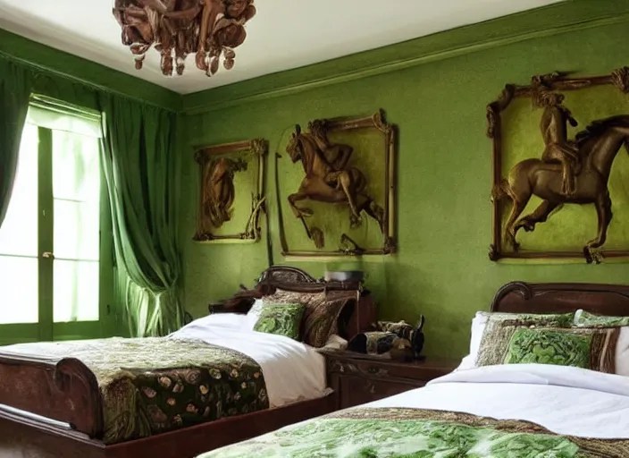 bedroom with horse statues green and brown trim Stable Diffusion
