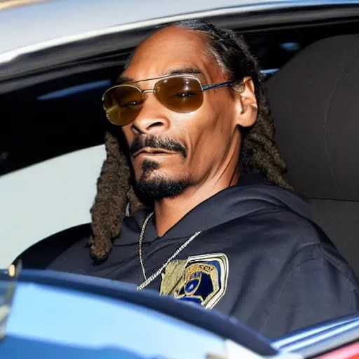 Snoop Dogg is sitting in a police car wearing a cap Stable Diffusion