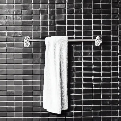 a single bathrobe belt on a metal towel rack, tile wall Stable