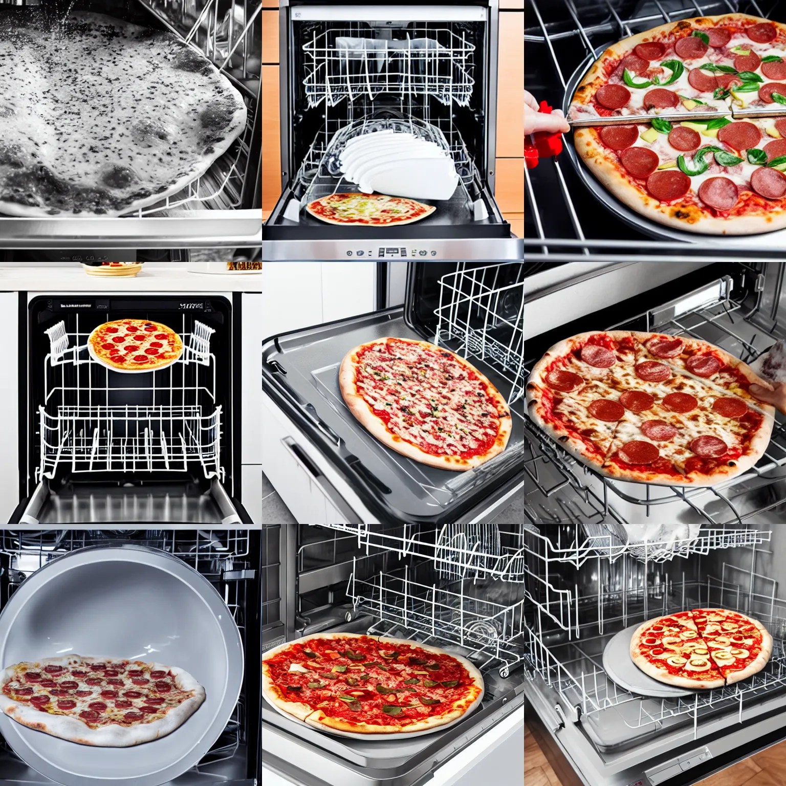 Washing a whole pizza in the dishwasher, photo Stable Diffusion OpenArt