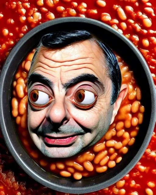portrait of mr bean's face in a bowl full of baked Stable Diffusion