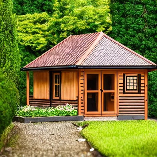 small wooden german garden house with a plastic roofed Stable