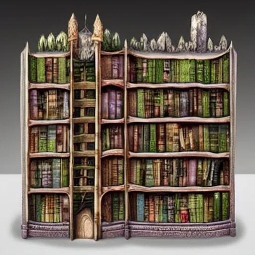 enchanted bookshelves, in the style of colin thompson, Stable
