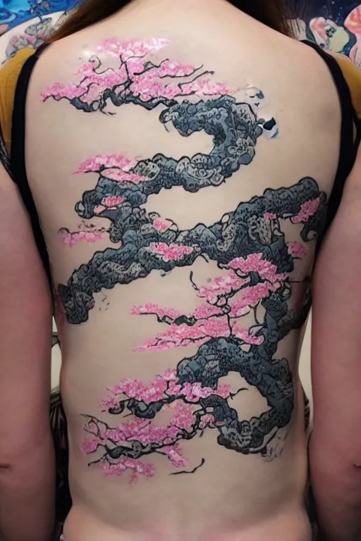 back tattoo of cherry blossom tree floating over a Stable Diffusion
