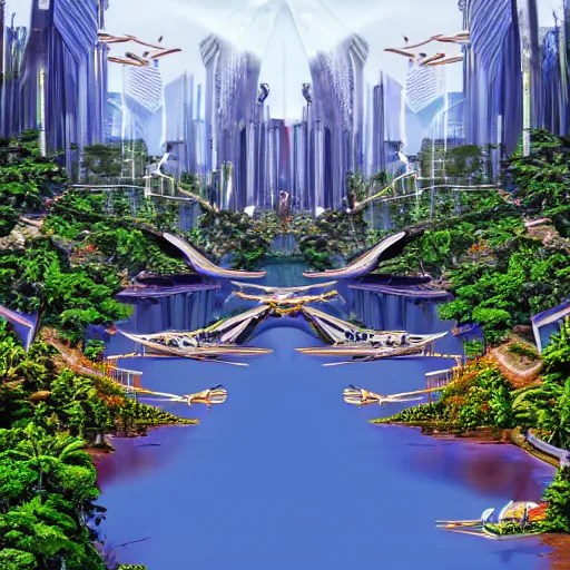 futuristic city ultrarealistic utopia lake Stable Diffusion
