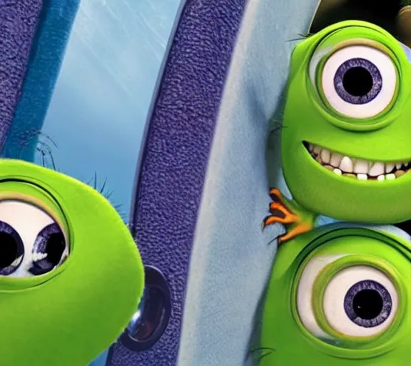 mike wazowski covered in googly eyes, still from Stable Diffusion
