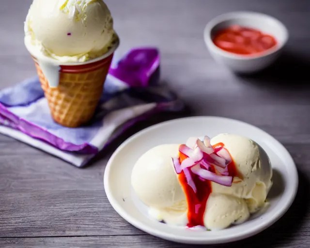 dslr food photograph of vanilla ice cream with red Stable Diffusion