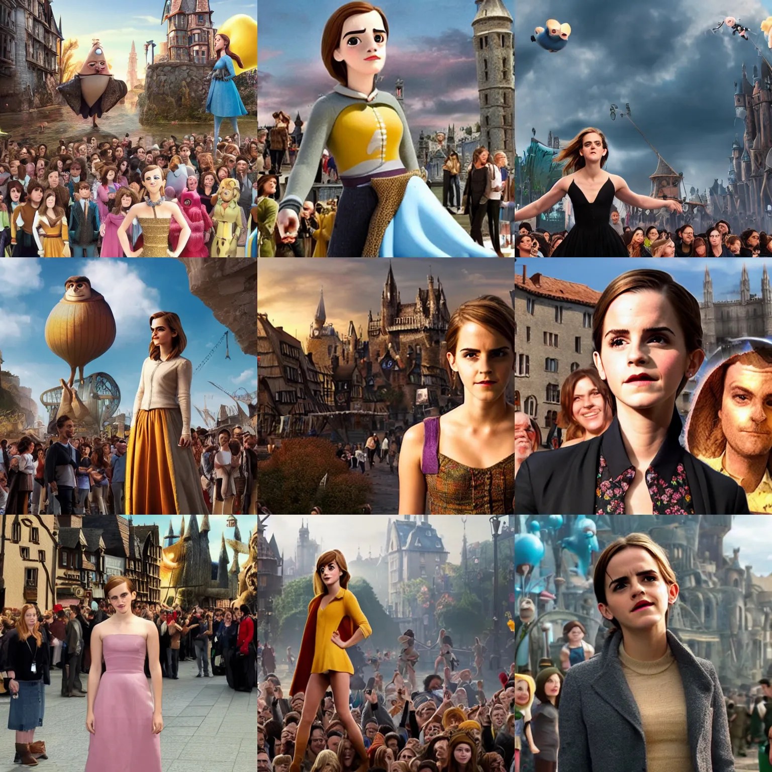 Giant Emma Watson stands next to a town, surrounded by Stable