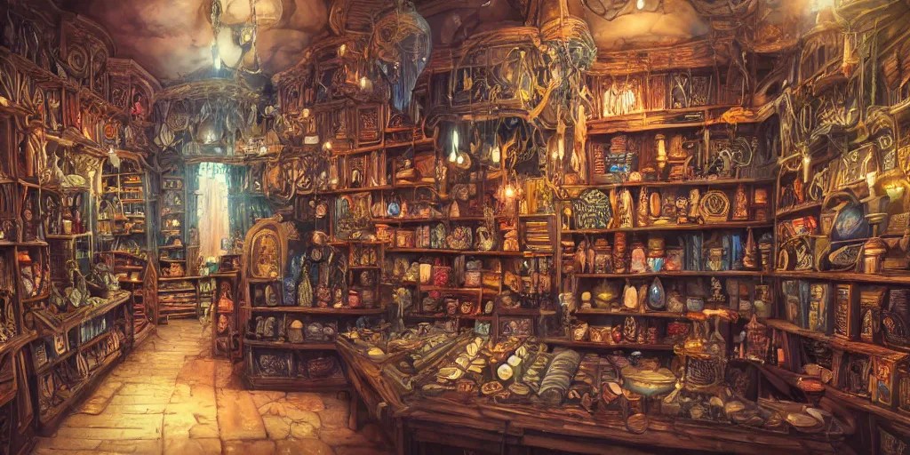 Inside an old Magical Shop, Magic Items on shelves, Stable Diffusion