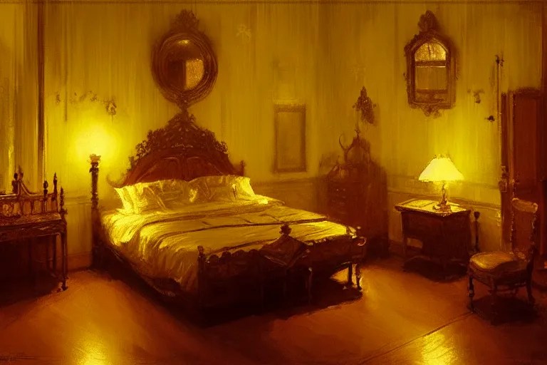 an ornate yellow victorian bedroom at night, 1 8 9 0, Stable Diffusion