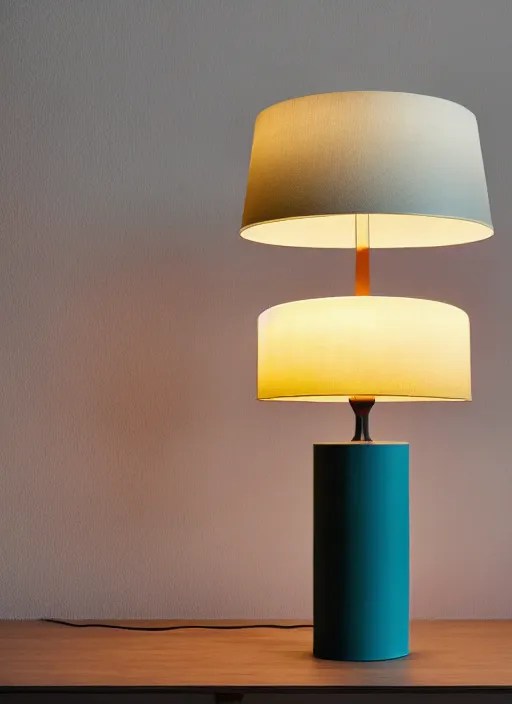 A table lamp with a heavy base, and a fabric lampshade Stable