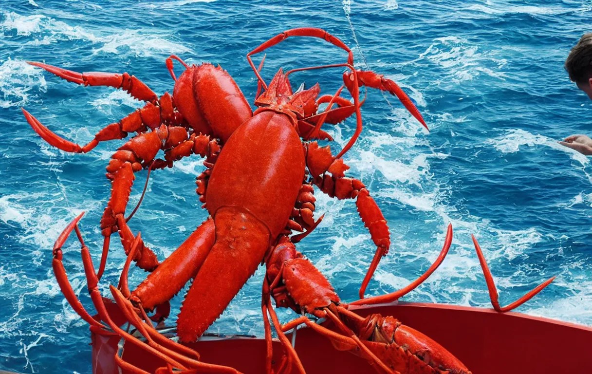 close up of a lobster boat with a captain who is a Stable Diffusion