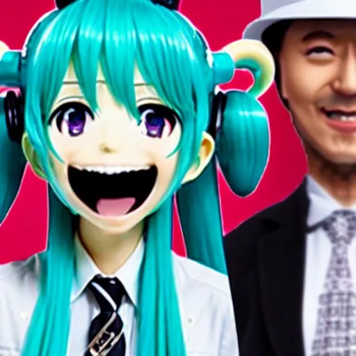 hatsune miku and a businessman share domino's pizza Stable Diffusion