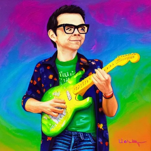 a painting of rivers cuomo playing his green electric Stable