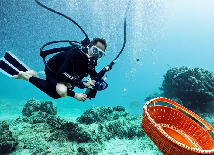 underwater photo of scuba diver weaving a basket Stable Diffusion