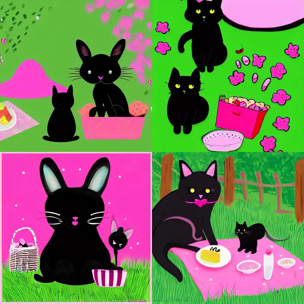 a black cat and a pink bunny are having a picnic, Stable Diffusion