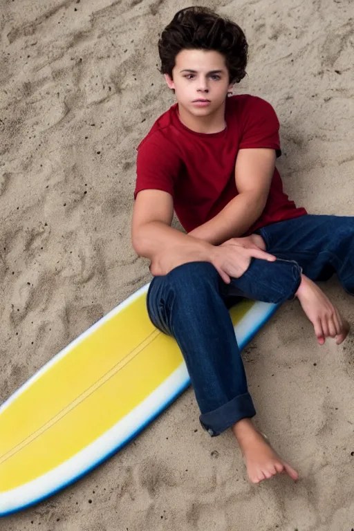 young jake t. austin sitting on a surfboard, red | Stable Diffusion